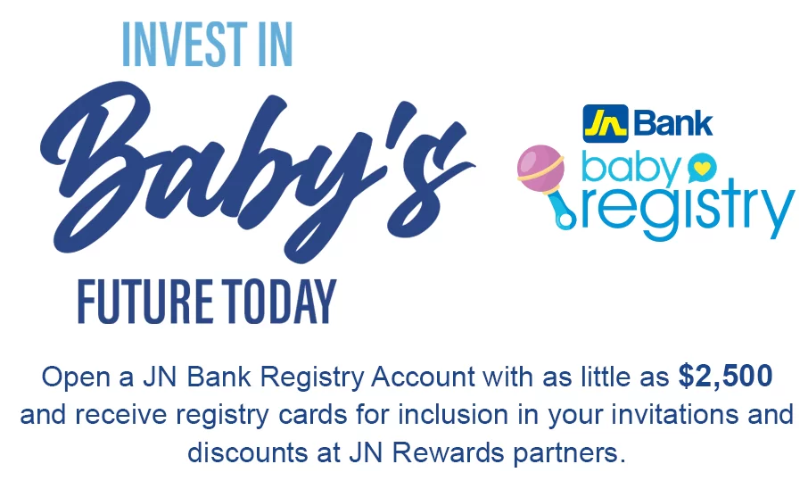 Promotional banner for JN Bank's Baby's Registry: 'Invest in Baby's Future Today' with offer details about a $2,500 registry account and cards.