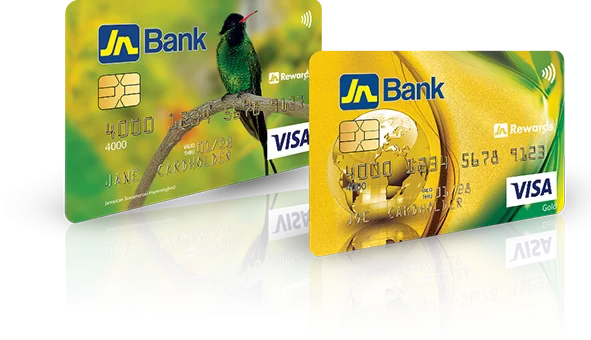 Two JN Bank Visa credit cards, green and gold, with a hummingbird design and reflections on a surface.